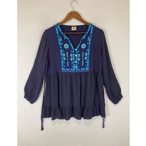 Boho Gypsy Rose Women L Purple Embroidered Sequin Mirror Babydoll Tunic Top‎